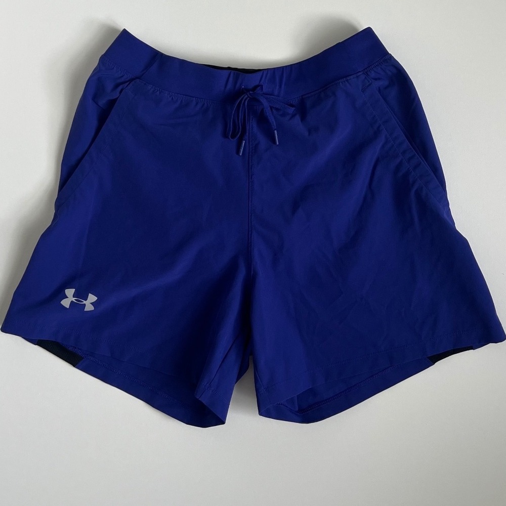 Under Armour Womens Speedpocket HeatGear Running Shorts Blue Medium Drawstring